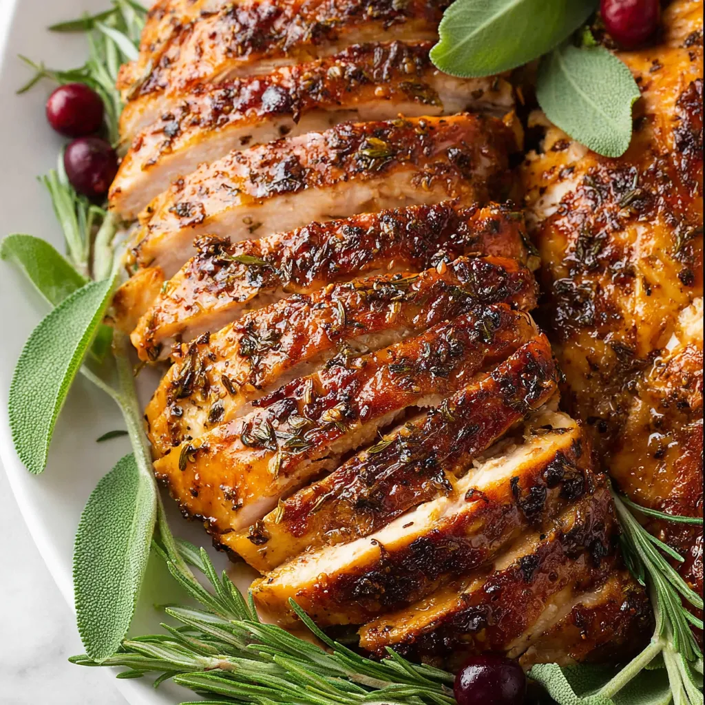 Close-up of a sliced, herb-roasted turkey breast garnished with sage, rosemary, and cranberries on a white platter.