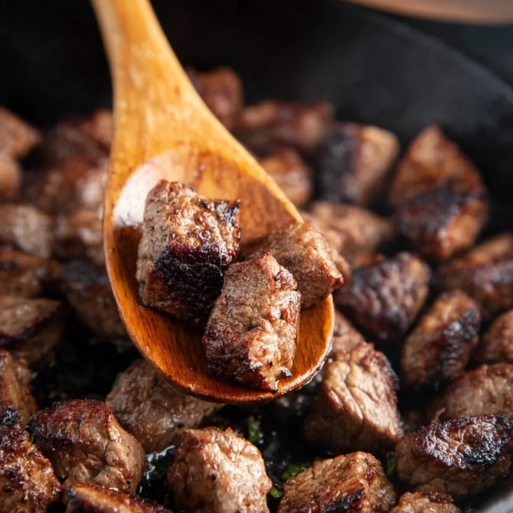 Overhead view of a wooden spoon lifting golden-brown seared steak bites from a black cast iron skillet.