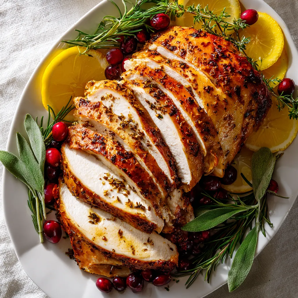A close-up of beautifully sliced roasted turkey breast on a white platter, garnished with fresh lemons, rosemary, sage, and cranberries.Oven Roasted Turkey