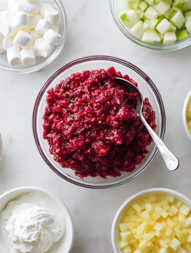 Overhead shot of glass bowls on a white counter: cranberry relish with a spoon, mini marshmallows, diced green apples, whipped cream, and a yellow fruit puree.