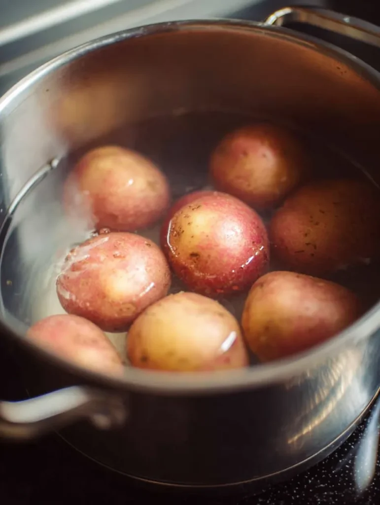 Numerous small, red-skinned potatoes submerged in clear water within a gleaming stainless steel pot on a dark stovetop, viewed from above.