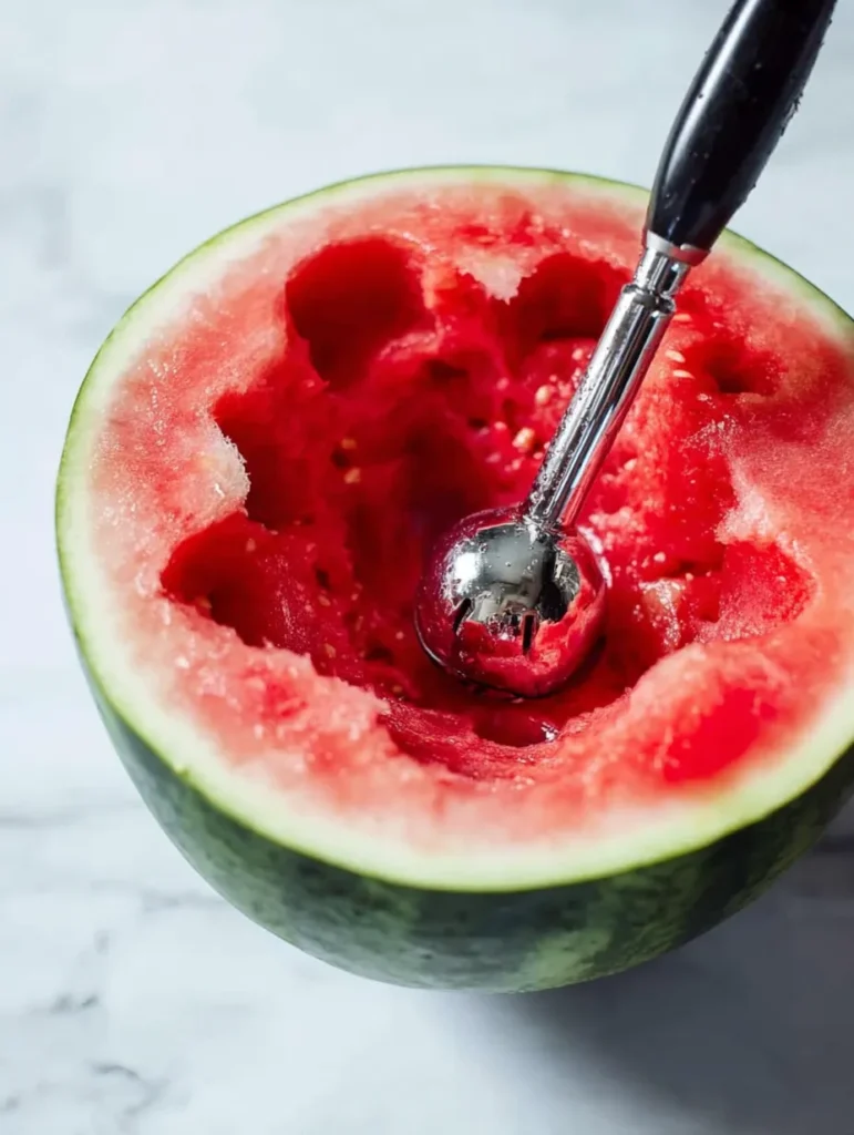 Close-up of a watermelon half, mostly scooped out, with a melon baller and a small carving knife inside its vibrant red flesh.