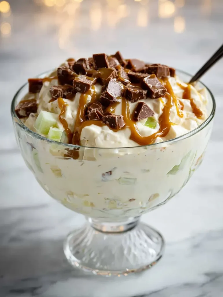 Side view of a single serving of Snicker Salad in a clear dessert cup, showing the layers of cream, apple, and caramel chocolate.