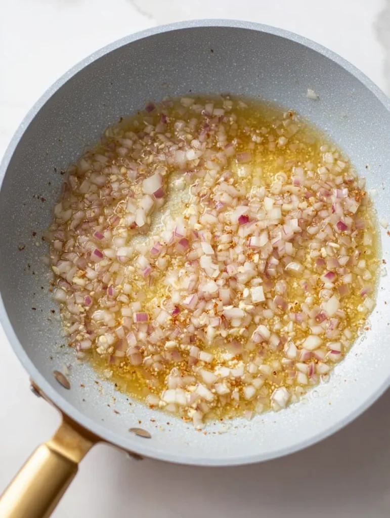 Overhead view of diced red and white onions and minced garlic simmering in a light blue-grey pan with a golden handle on a white surface.
