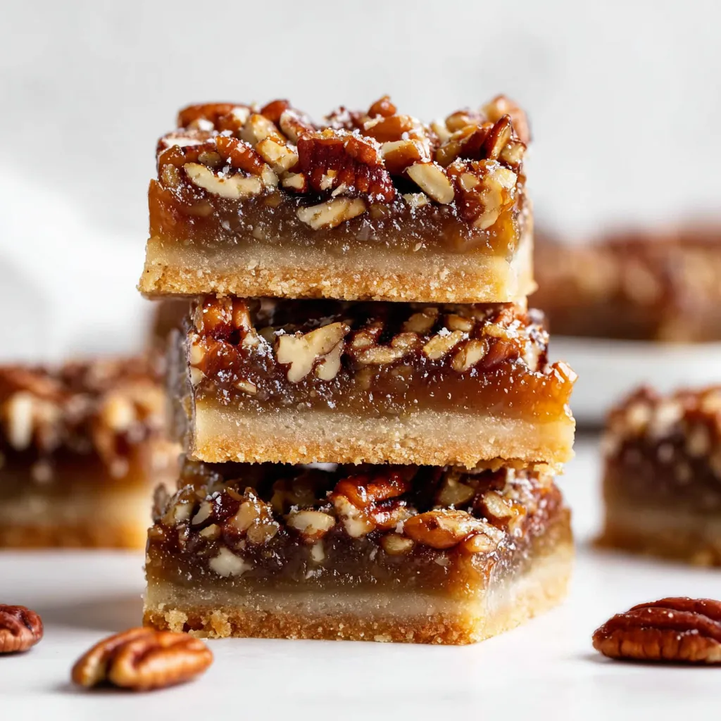 A close-up of three delicious Twix Bars stacked on a white surface, with a crispy shortbread crust and glossy pecan topping.