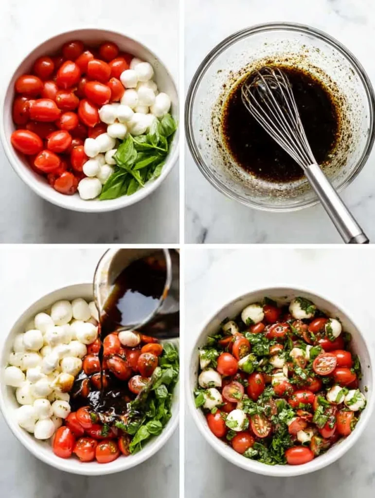 A four-panel collage showing Caprese salad preparation. Panel 1: tomatoes, mozzarella, basil in a bowl. Panel 2: whisk mixing dressing. Panel 3: dressing poured over ingredients. Panel 4: finished Caprese salad.