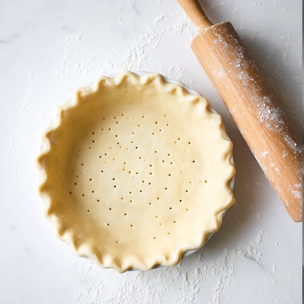 Overhead close-up of an unbaked pie crust in a white dish, with a wooden rolling pin on a flour-dusted light gray counter.