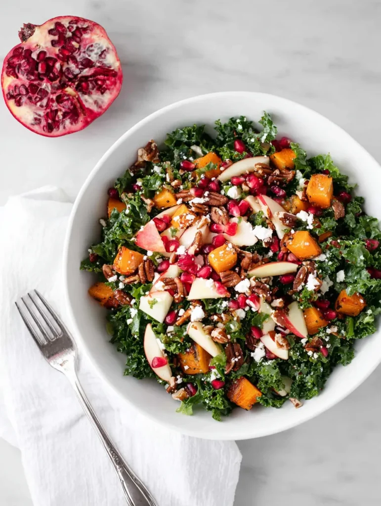 A colorful kale salad in a white bowl, topped with diced butternut squash, red apples, pomegranate seeds, crumbled feta, and chopped nuts. A fork and a halved pomegranate are on the white surface.