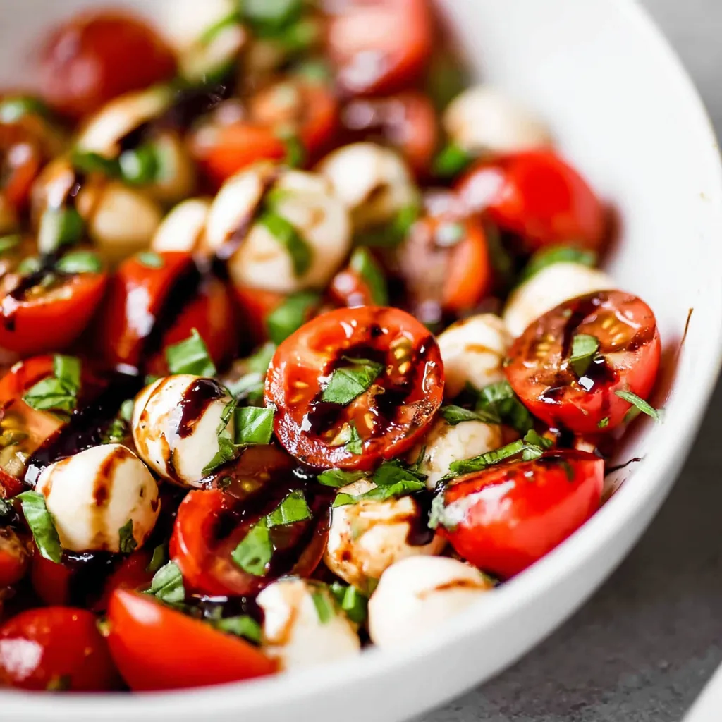 A close-up of Caprese salad in a white bowl, showing halved red cherry tomatoes, white mozzarella balls, green basil, and dark balsamic glaze.