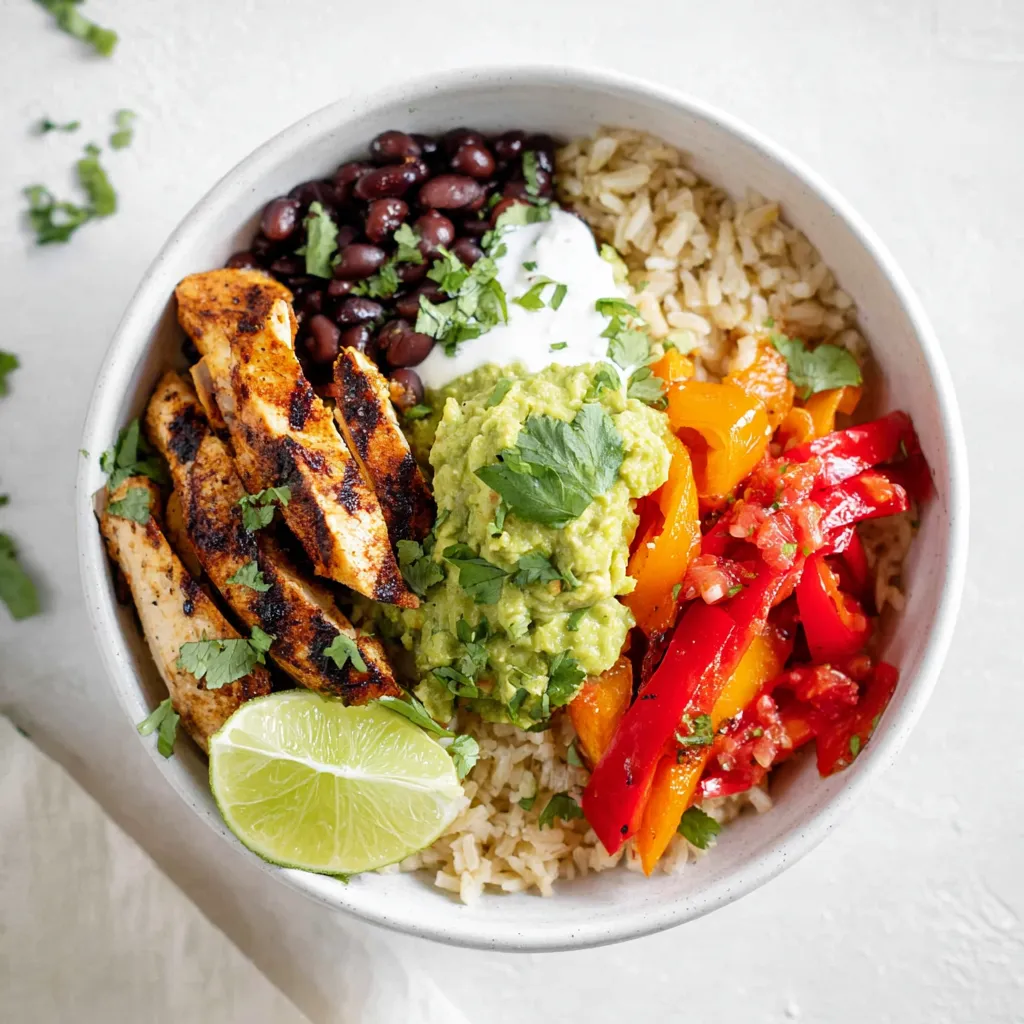 An overhead view of a colorful chicken fajita bowl with rice, grilled chicken, peppers, black beans, guacamole, pico, and lime.