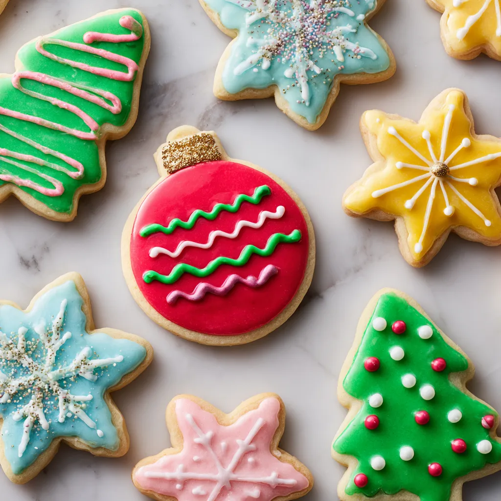 Overhead view of colorful Christmas-themed sugar cookies, including a red ornament and green trees, on a white marble surface.