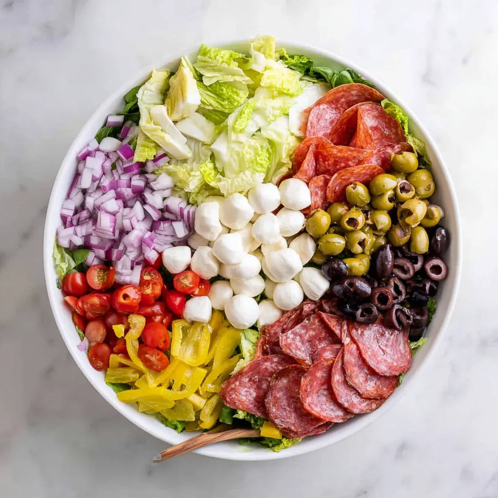 Overhead view of a large white bowl filled with an organized antipasto salad. Ingredients include lettuce, mozzarella balls, red onion, artichoke hearts, tomatoes, pepperoncini, olives, pepperoni, and salami, with wooden salad servers on the side.