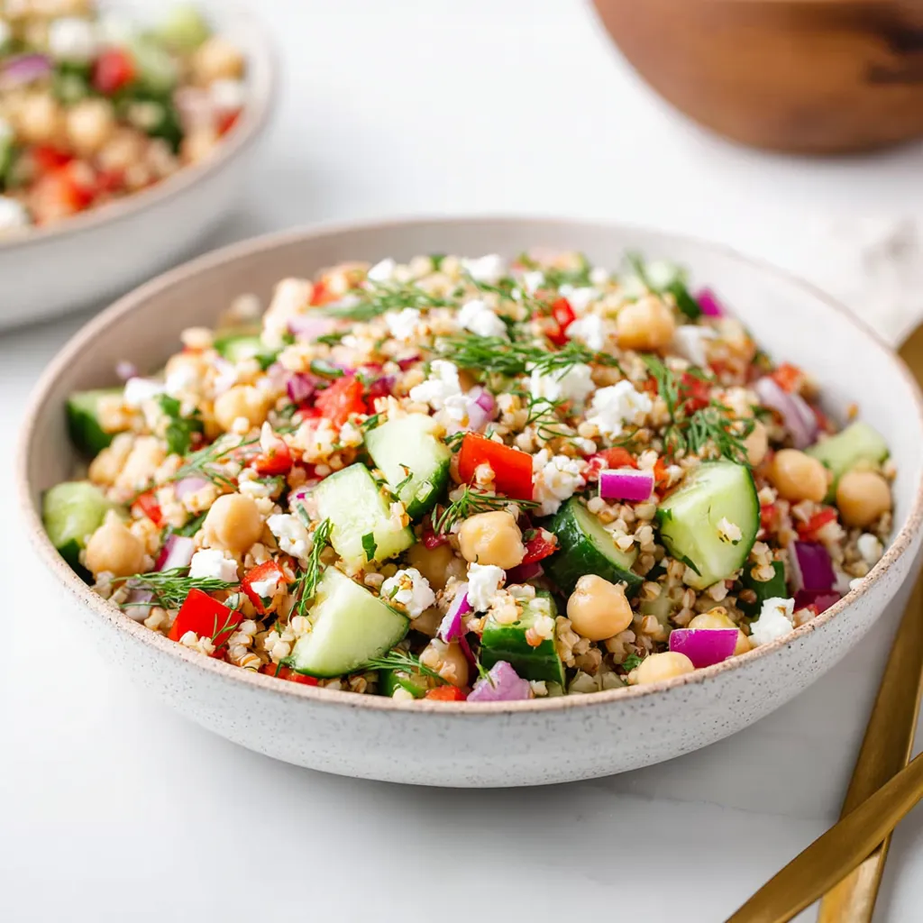 Overhead shot of a colorful grain salad in a white bowl, featuring chickpeas, diced cucumber, red onion, bell pepper, and feta.