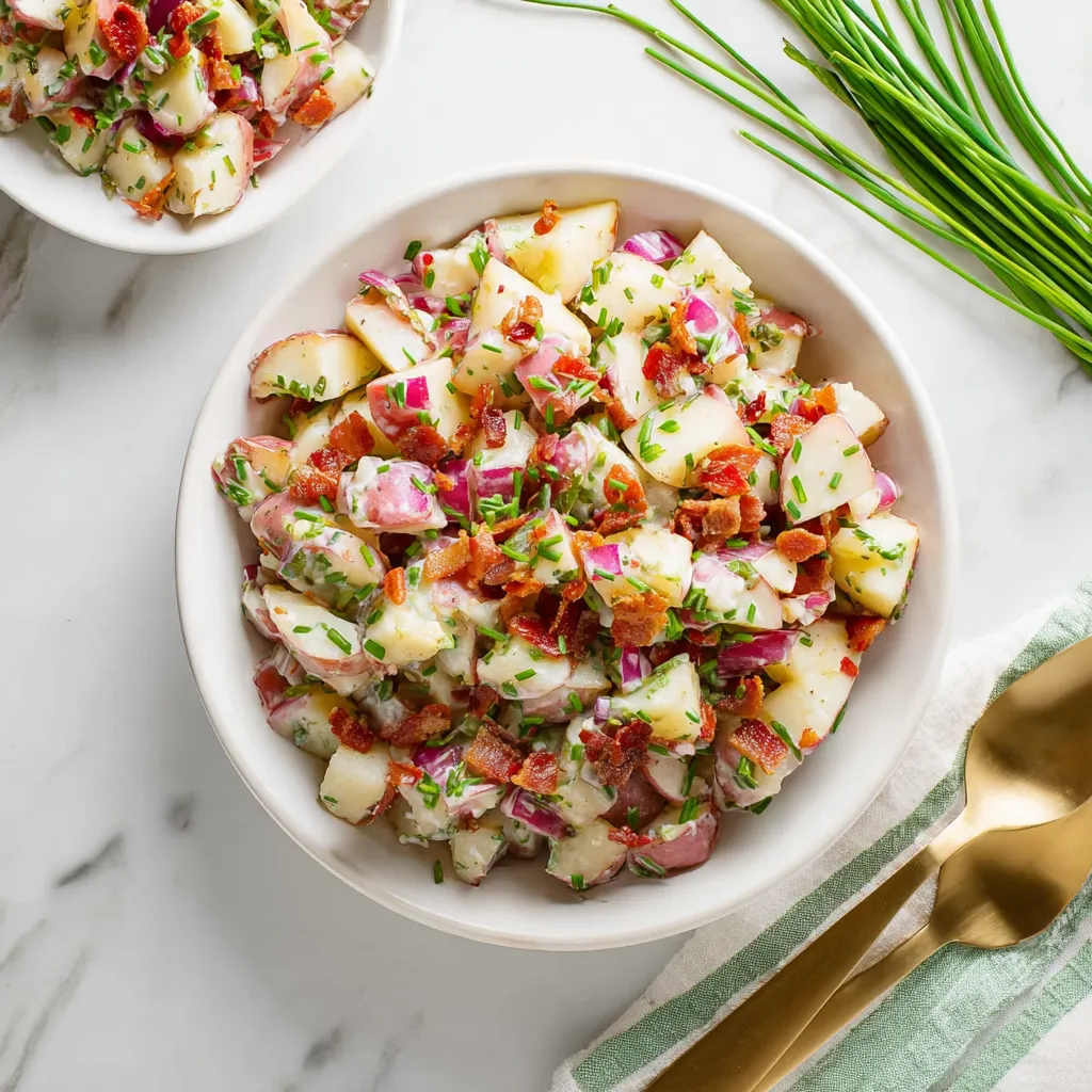 Overhead view of potato salad with red skin potatoes, red onion, bacon, and green herbs in a white bowl. Golden utensils and chives are nearby. Macaroni Salad Recipe