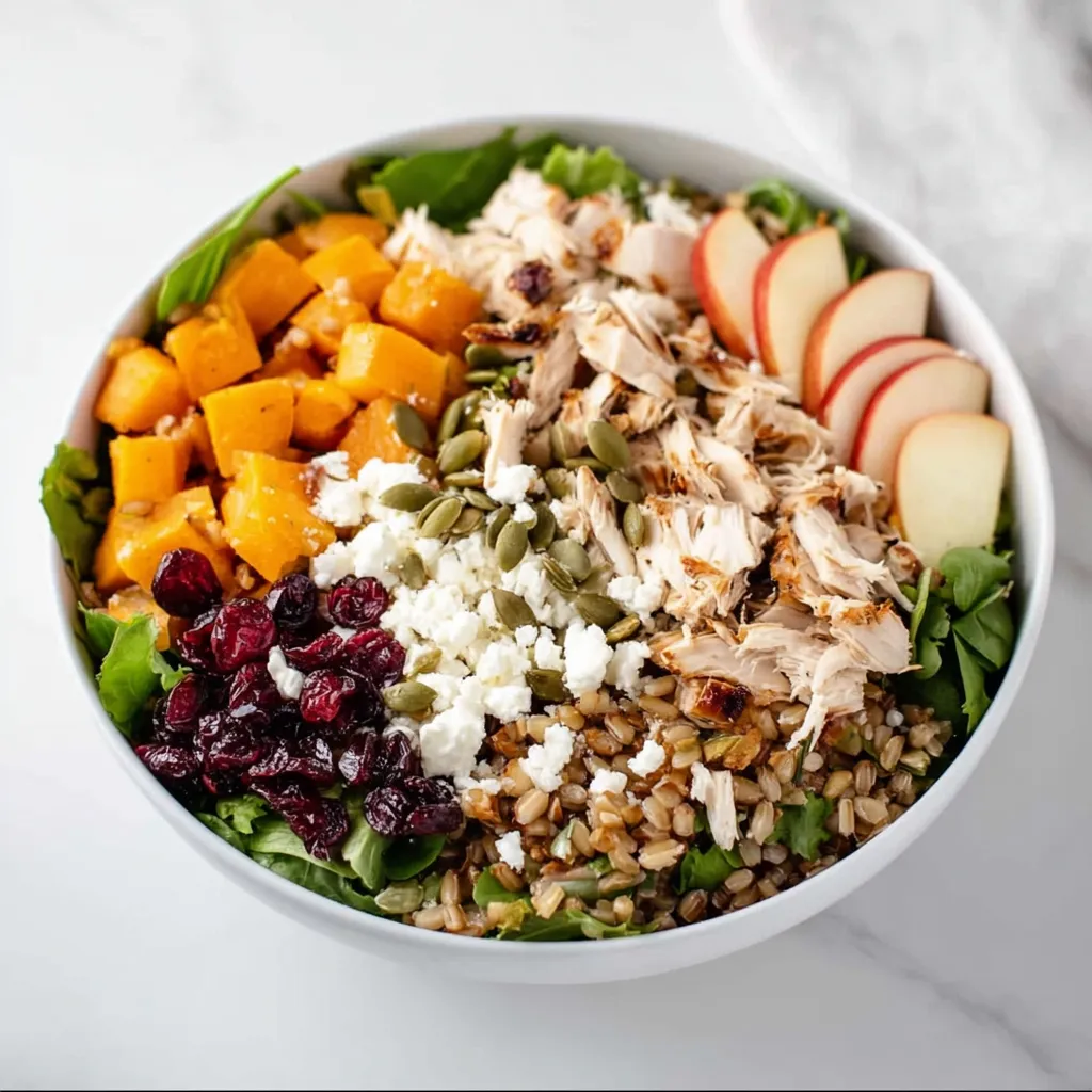 Overhead view of a harvest salad in a white bowl, with shredded chicken, roasted squash, cranberries, seeds, apples, and feta.