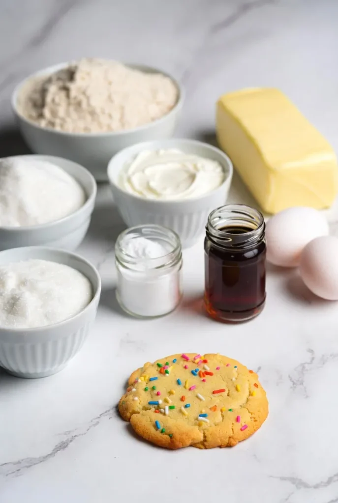 Overhead view of baking ingredients on a white marble surface: bowls of flour, sugar, milk, sour cream, sticks of butter, two eggs, and vanilla extract.