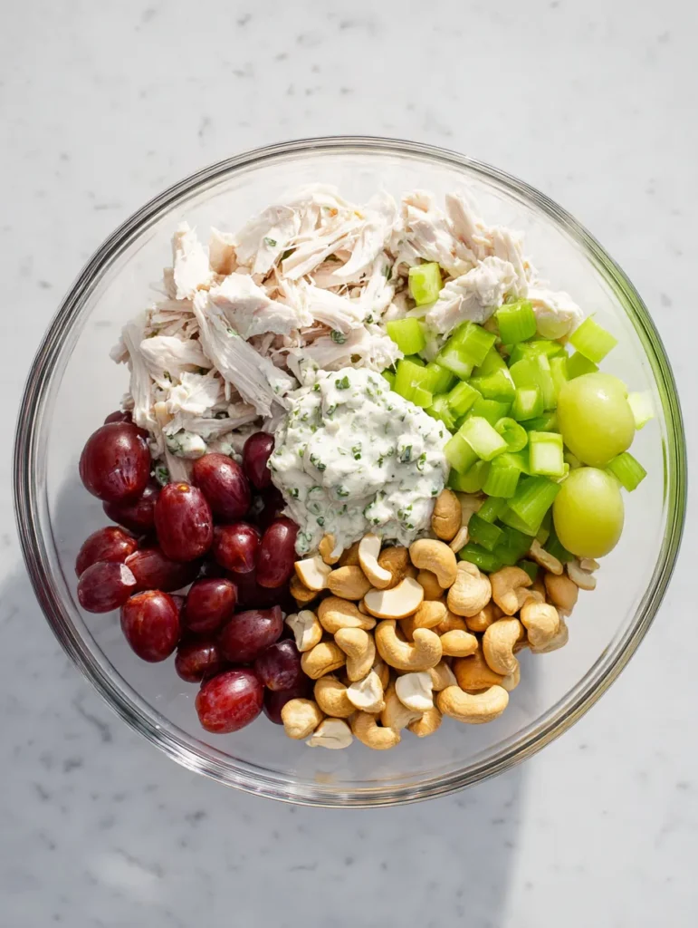 Overhead view of a clear glass bowl containing shredded chicken, roasted cashews, halved red grapes, diced celery, and creamy dressing on a white marble surface.