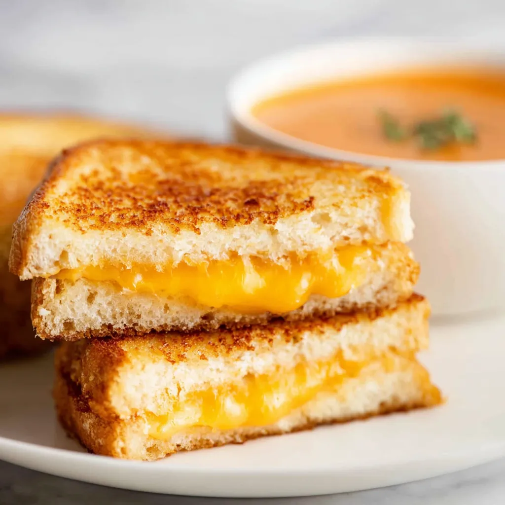 Close-up of two halves of a golden grilled cheese sandwich with melted cheese on a white plate, next to a blurred bowl of tomato soup.