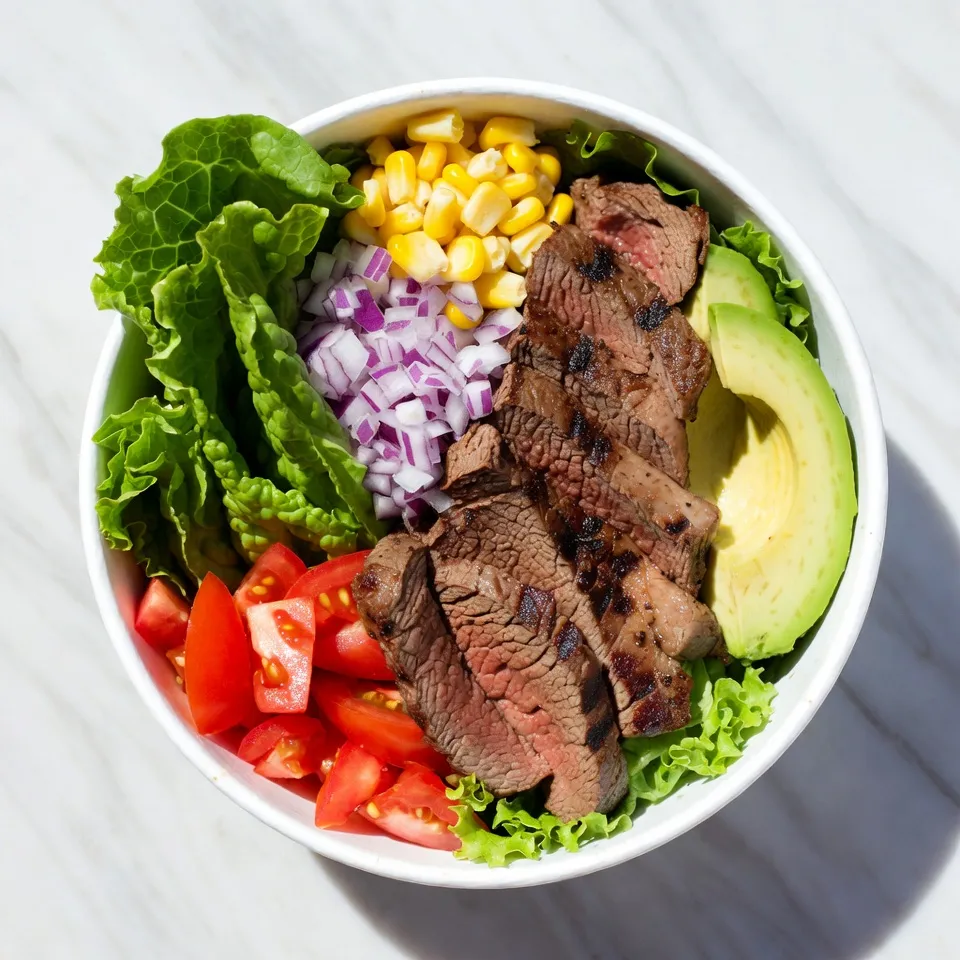 An overhead close-up of a steak salad in a white bowl, featuring sliced grilled steak, lettuce, avocado, diced tomatoes, corn, and red onion.