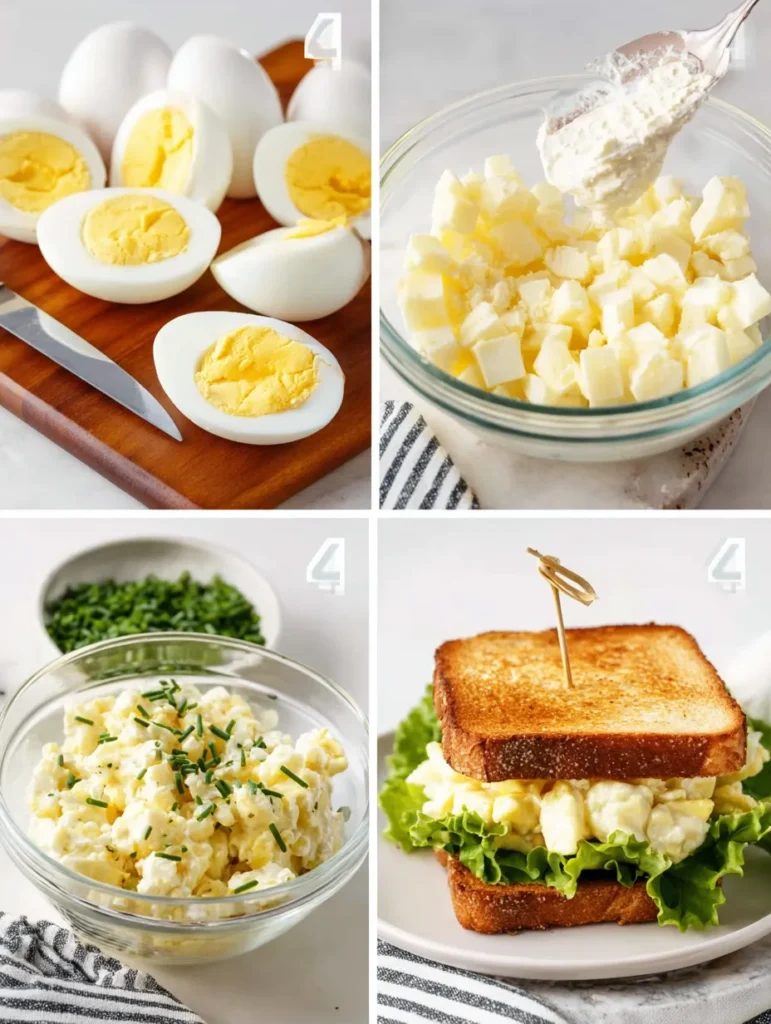 Four-panel image showing egg salad preparation: hard-boiled eggs, diced eggs with mayonnaise, mixed egg salad, and a finished sandwich.