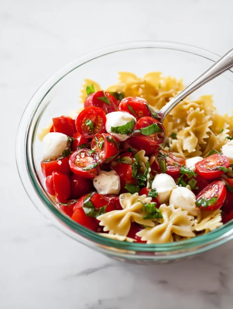A clear glass bowl contains farfalle pasta, halved cherry tomatoes, mozzarella, and fresh basil, being mixed with a spoon on a white surface.