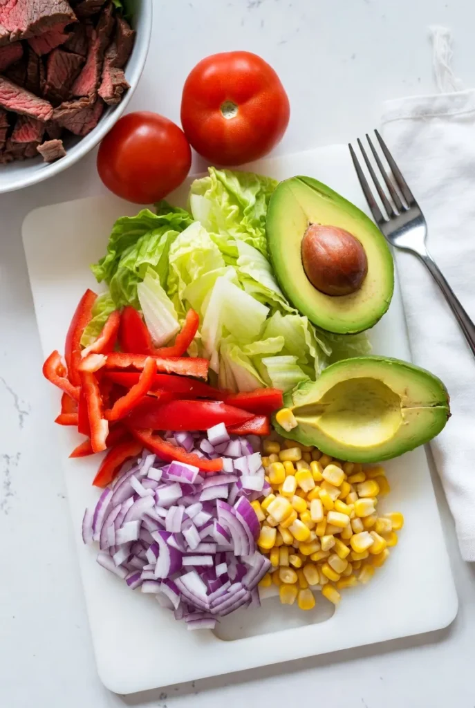 Overhead view of chopped lettuce, red bell pepper, red onion, corn kernels, and two avocado halves on a white cutting board, with two whole tomatoes.