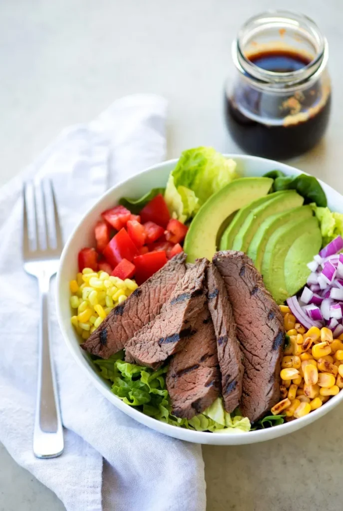 Overhead shot of a steak salad in a white bowl with lettuce, sliced grilled steak, avocado, diced tomatoes, red onion, and corn. A fork and dressing are nearby.