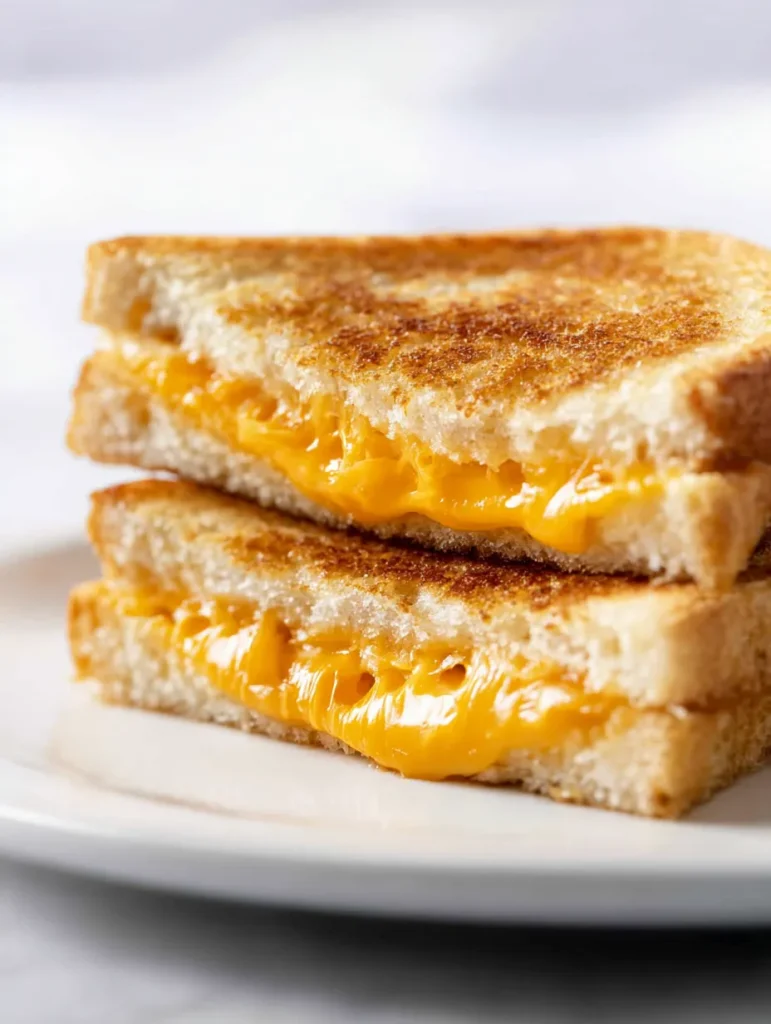 A grilled cheese sandwich, cut in half and stacked, rests on a white plate. Golden-brown toasted bread encloses gooey orange melted cheese.