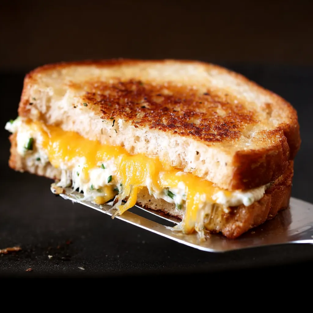 A close-up shows a golden brown grilled cheese sandwich with melted cheese and a white filling, being lifted by a metal spatula against a dark background.