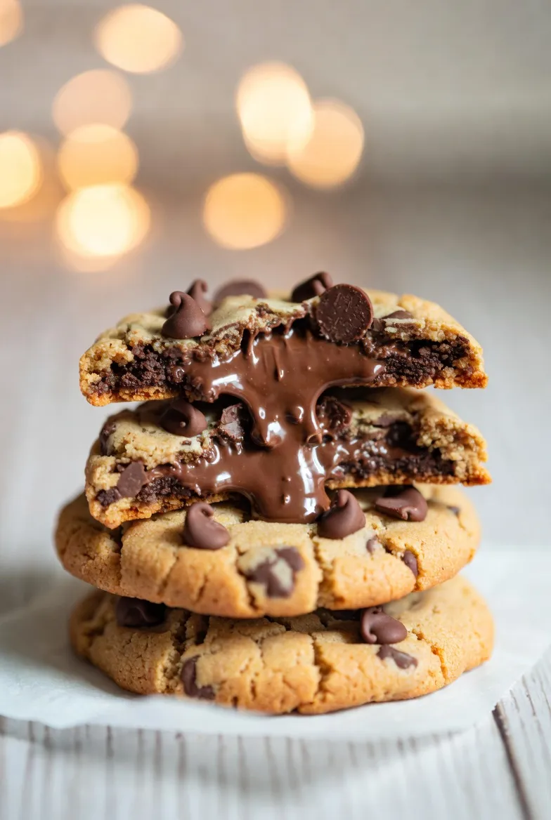 A stack of three golden-brown chocolate chip cookies on a light wood surface. The top cookie is split open, revealing melted dark chocolate inside.