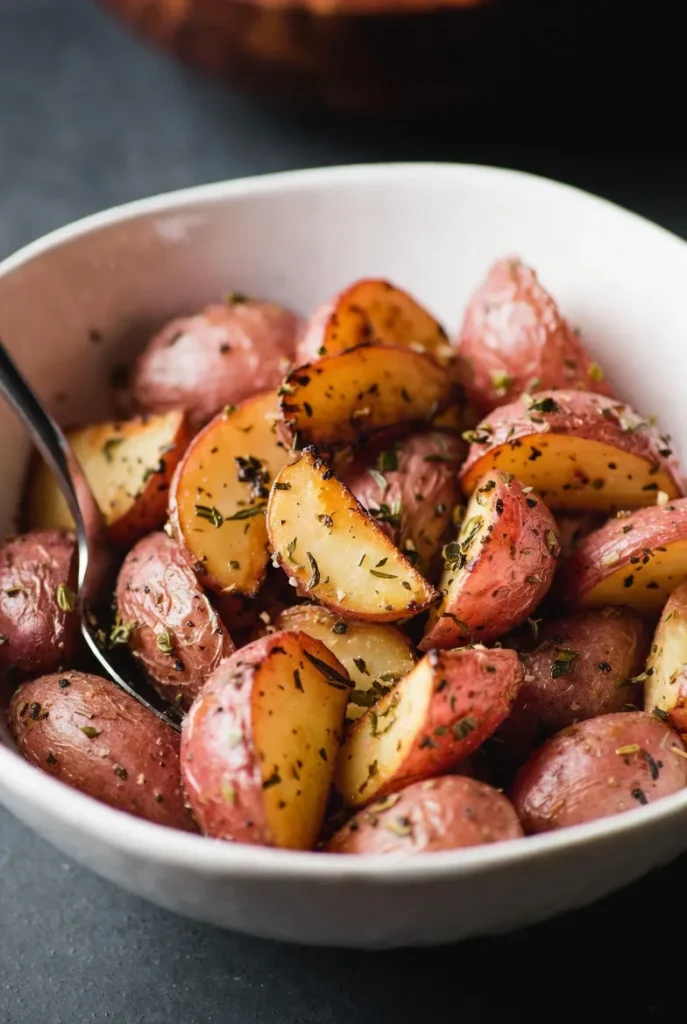 Close-up of a white bowl filled with golden-brown roasted red potatoes seasoned with green herbs. A serving spoon is visible.
