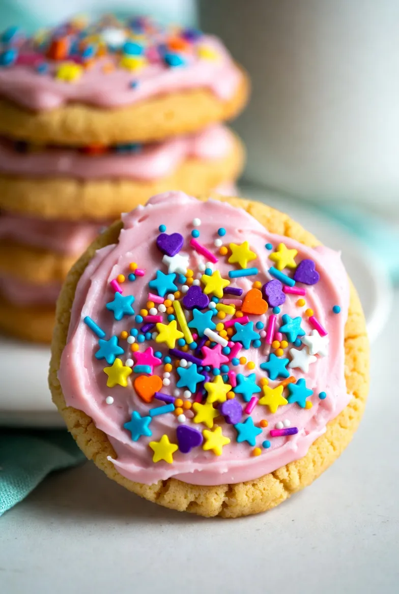 Two round sugar cookies on a white plate. The front cookie is frosted pink with assorted colorful star and jimmie sprinkles. A stack of similar cookies is blurred in the background.
