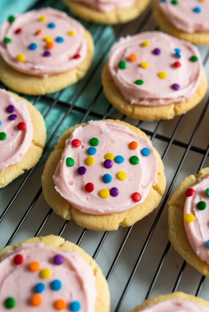 Overhead view of several round sugar cookies, each covered in smooth pink frosting and a variety of colorful sprinkles, resting on a black cooling rack.