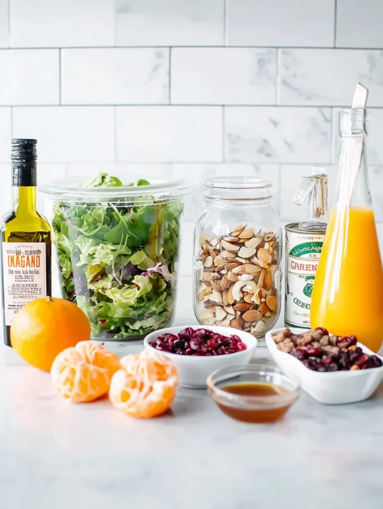 Salad ingredients laid out on a white counter: mixed greens, sliced almonds, dried cranberries, mandarin oranges, fresh orange, olive oil, juice, honey, and sugar.