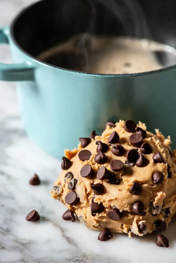 Close-up view of light beige chocolate chip cookie dough, densely mixed with dark brown chocolate chips, showing a soft, textured surface.