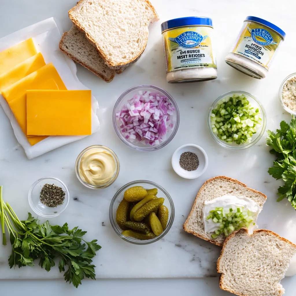 Overhead view of tuna sandwich ingredients on white marble: bread, cheddar cheese, two tuna cans, mayonnaise, diced red onion, celery, pickles, mustard, salt, pepper, and parsley.