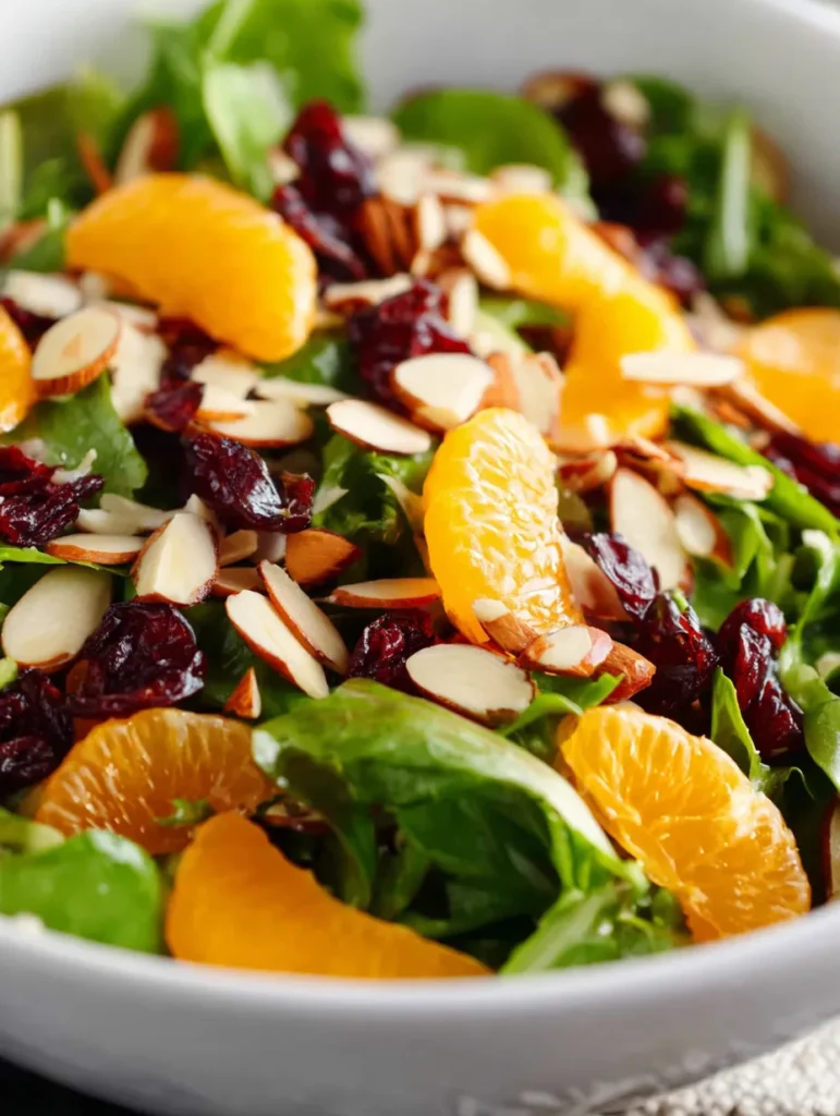 A close-up view of a fresh Mandarin Orange Salad in a white bowl, containing green mixed lettuce, bright orange mandarin segments, slivered almonds, and dark red dried cranberries.