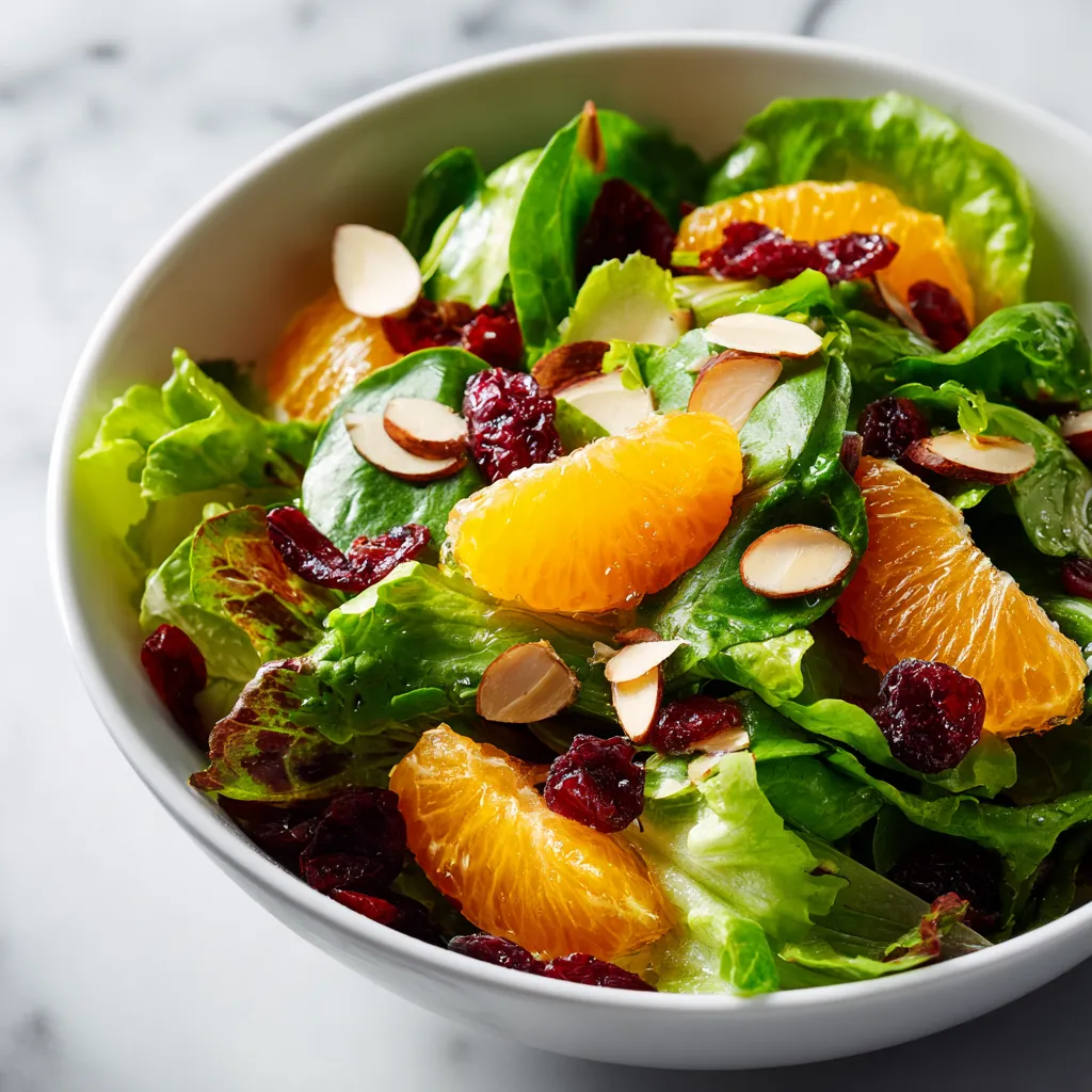A white bowl filled with a Mandarin Orange Salad of green mixed greens, bright orange mandarin segments, slivered almonds, and dried cranberries.